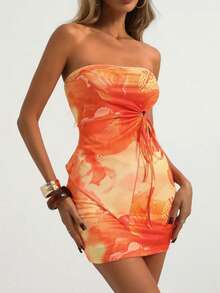 INAWLY 2pcs Women's Fashion Asymmetrical Drawstring Hem Cropped Top And Bodycon Mini Skirt Set - Multicolor - View 1