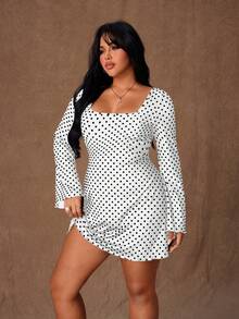 Rustia Damen Große Größen Neues schwarzes Polka Punkt Muster Glockenärmel Bodycon Mini Kleid mit Gürtel und rückenfreiem Design, romantisches Kleid, Party Outfit, elegant, schwarz chic, modisch Herbst/Winter, Gothic Stil - Weiss - Übersicht 4