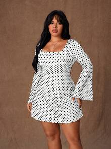 Rustia Damen Große Größen Neues schwarzes Polka Punkt Muster Glockenärmel Bodycon Mini Kleid mit Gürtel und rückenfreiem Design, romantisches Kleid, Party Outfit, elegant, schwarz chic, modisch Herbst/Winter, Gothic Stil - Weiss - Übersicht 5