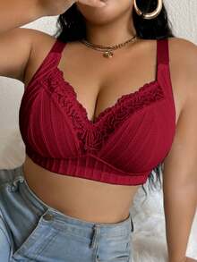 1pc Plus Size Lace Patchwork Wireless Bra - Burgundy - View 7