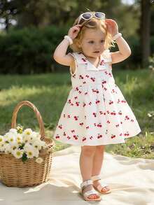 SHEIN Vintaside Kids 女婴/女宝宝甜美公主连衣裙，樱桃蝴蝶结印花，无袖翻领松紧腰休闲连衣裙，适合夏季日常穿着 - 白色 - 查看 1