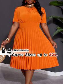 SHEIN CURVE+ 适合曲线身材的 US22 码音乐节、海滨度假、波西米亚风女士纯色泡泡袖荷叶边休闲连衣裙，夏季连衣裙，橙色连衣裙，荷叶边连衣裙，修身夏季连衣裙，度假连衣裙，橙色连衣裙，曲线度假穿搭，中长连衣裙，橙色穿搭，橙色连衣裙 - 橘色 - 查看 9