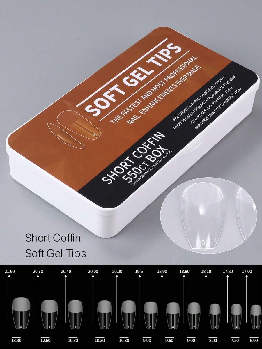 1片短棺材形假指甲片，550片/盒，11种尺寸透明软胶指甲片，预打磨全覆盖假指甲，按压式延长工具，美甲用品 - 無色 - 查看 1