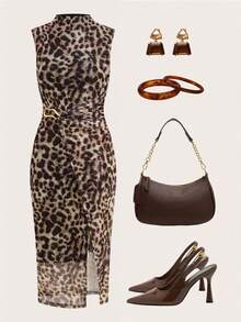 Ellevyn 女士豹纹无袖中长连衣裙 - 咖啡棕 - 查看 1