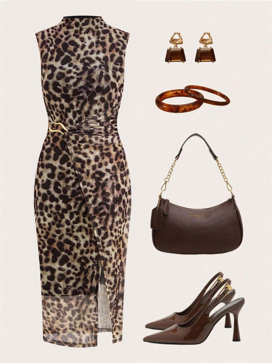 Ellevyn 女士豹纹无袖中长连衣裙 - 咖啡棕 - 查看 1