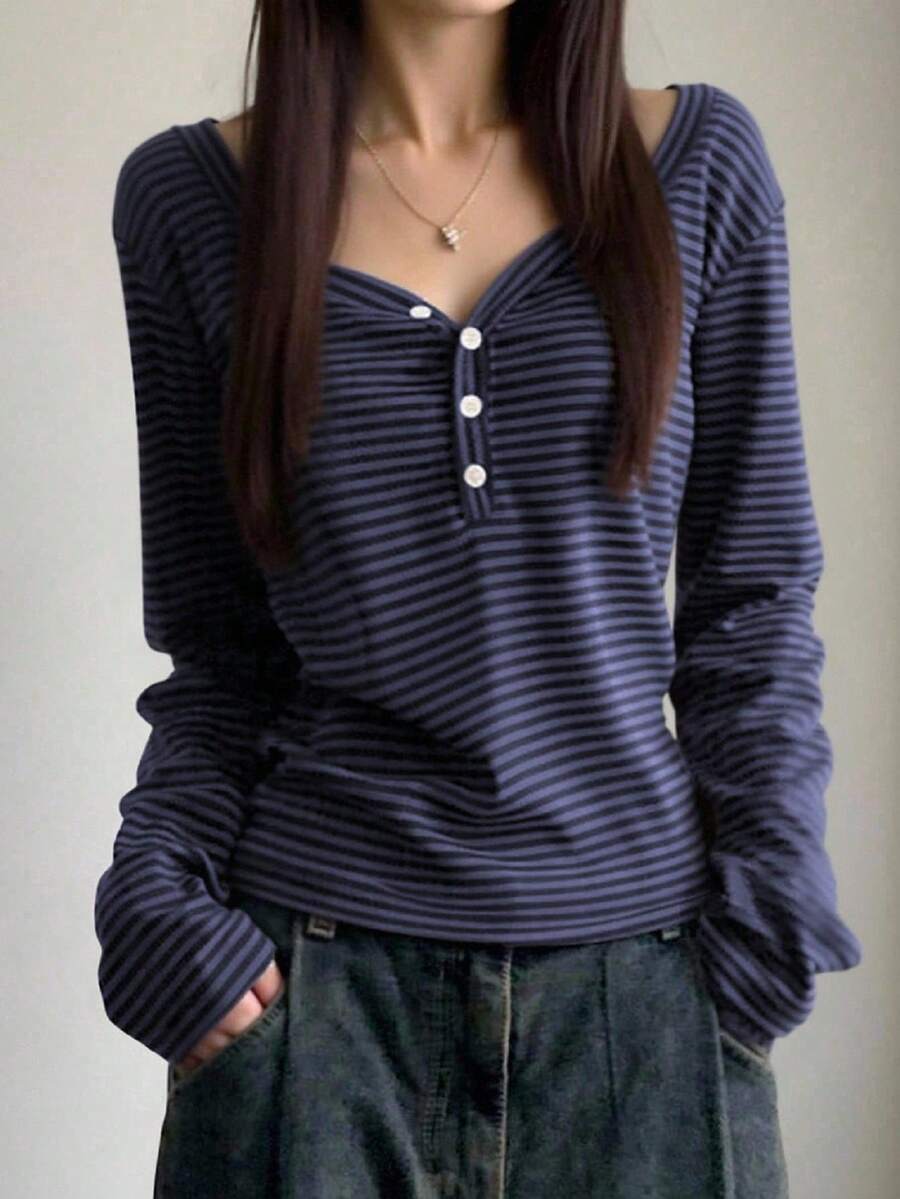 EMERY ROSE 女士休闲条纹长袖T恤，秋季 - 藍色 - 查看 1