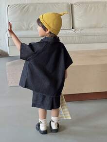 DAZY Young Boy Summer Casual Fashion Street Daily Commute Flap Pocket Shirt And Loose Denim Shorts Set - Black - View 6
