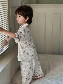 Dazy Kids 男童格子卡通印花短袖上衣和裤子睡衣套装