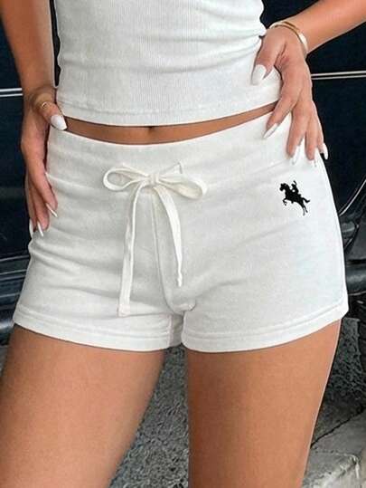 Teen Girls White Knit Elastic Waist Casual Shorts, Versatile For Daily Wear, Comfortable For Any Occasion