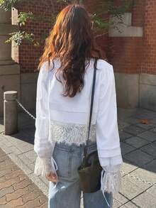 FRIFUL Women's Solid Color Contrast Lace Loose Casual Versatile Shirt With Drawstring Collar And Ruched Cuffs, Suitable For Spring - White - View 6