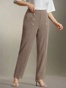 SHEIN Clasi Plus Size Double Metal Decor Button Straight Leg Pants, Elegant For Commuting And Outings - Rust Brown - View 7