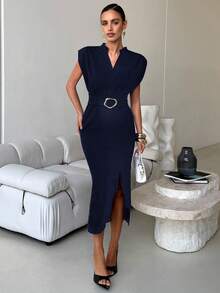 Lavishia Vestido midi ajustado de manga dolman con cuello en V de unicolor para mujer, falda larga minimalista negra elegante con hombros anchos y escote profundo, sexy y elegante, simple y versátil para ir al trabajo, elegantes conjuntos de vacaciones estilizantes para mujer, vestidos de verano para mujer, vestidos de graduación - Azul Marino - Ver 4
