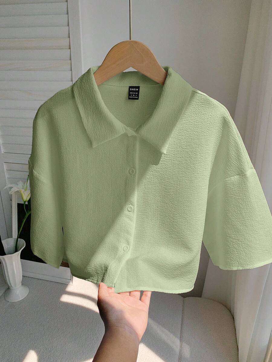 Comfortcana Áo sơ mi nữ dáng ngắn màu xanh xám dệt kim, thích hợp cho kỳ nghỉ. - Màu xanh Bạc hà - Xem 1