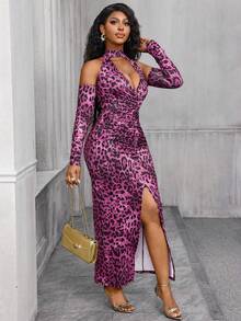 Lureya Women's Pink Leopard Print 2 Piece Set,Deep V-Neck Halter Backless Bodycon Ruched Slit Dress For Club Night,Rave,Techno,Autumn Party Elegant Clothing - Multicolor - View 5
