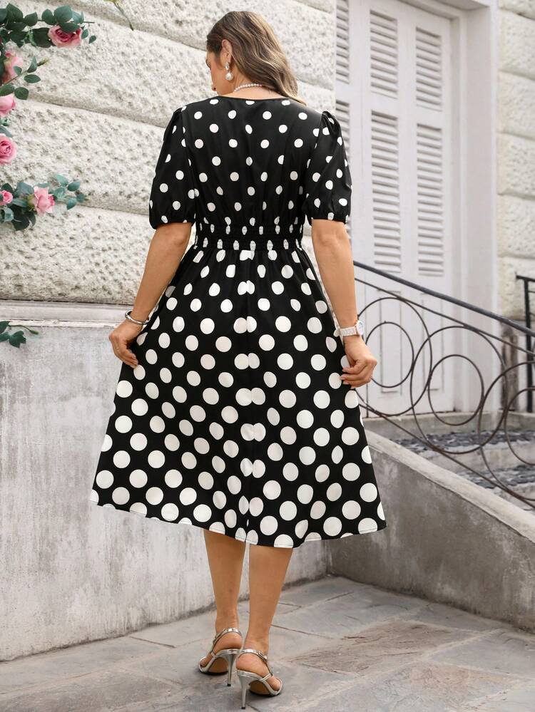 Plus Size Women Polka Dot Print Waist Cinched Dress