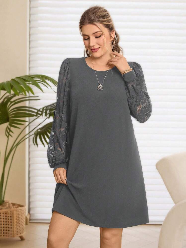 Plus Size Women's Casual Solid Color Lace Long Sleeve Mini Dress/Summer/Spring/Vacation