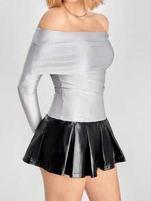 SHEIN EZwear Women's Solid Color Off Shoulder Long Sleeve Cropped Fitted T-Shirt, Autumn - Silver - View 3