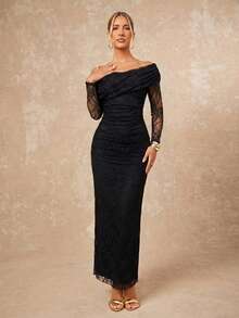 Lumalex Đầm dài tay ôm dáng, thanh lịch, gợi cảm màu đen ren, cổ lệch vai, xếp ly, dành cho nữ, thích hợp cho mùa xuân/hè. - màu đen - Xem 8