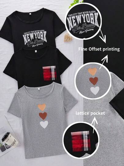 SHEIN 女士三件套睡衣，短袖上衣带格子口袋，字母和爱心印花