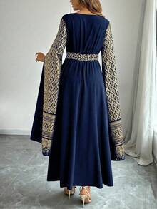 Elenzga Plus Size Navy Blue,Winter Elegant Wedding Al-Adha Woven Dress,Square Neck Folk Cloak Sleeve Flared Hem Najma Turkish Abaya Dubai Modest Women - Navy Blue - View 2