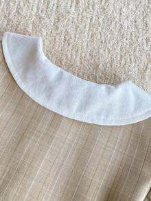 PrepCrw 一件装，少女优雅精致学院风卡其色条纹泡泡袖翻领纽扣连衣裙，适合返校、日常休闲穿着、外出、聚会、节日、春夏季节等场合。 - 卡其色 - 查看 6