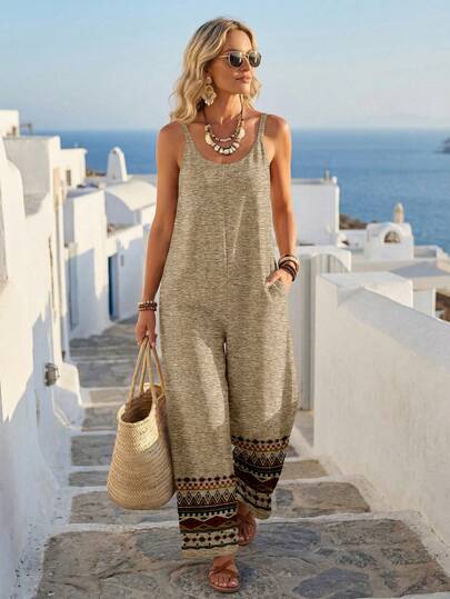 EMERY ROSE Casual Minimalist Geometric Print Apricot Faux Leather Texture Jumpsuit, Versatile & Fashionable For Women, Suitable For Spring/Summer Vacation