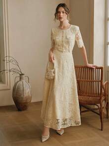 Anewsta 两件套：优雅前扣蕾丝边圆领中袖上衣 - 黃色 - 查看 6