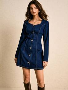 Poéselle New Vintage Stylish Button Waist Denim Dress, Long Sleeve Dress, Winter Dress For Women - Dark Wash - View 5