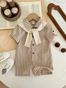 LMoss Kids 2pcs Baby Boy Woven Striped Casual Romper And Knit Shawl Set - Multicolor - View 4