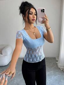 SHEIN Elenzya Women's Blue Lace Square Neck Semi-Sheer Short Sleeve T-Shirt - Baby Blue - View 4