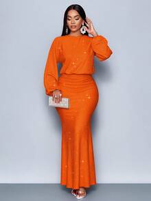 SOLERSUN 适合圣诞派对、度假、约会和情人节的粉色优雅美人鱼下摆修身性感连衣裙长款女装 - 橘色 - 查看 5