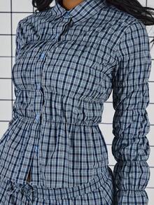 COUREZ Long Sleeve Shirred Check Shirt /Y2K Spring Cute Going Out Shirts Party Top Back To School Date Night Valentines Day - Blue - View 7