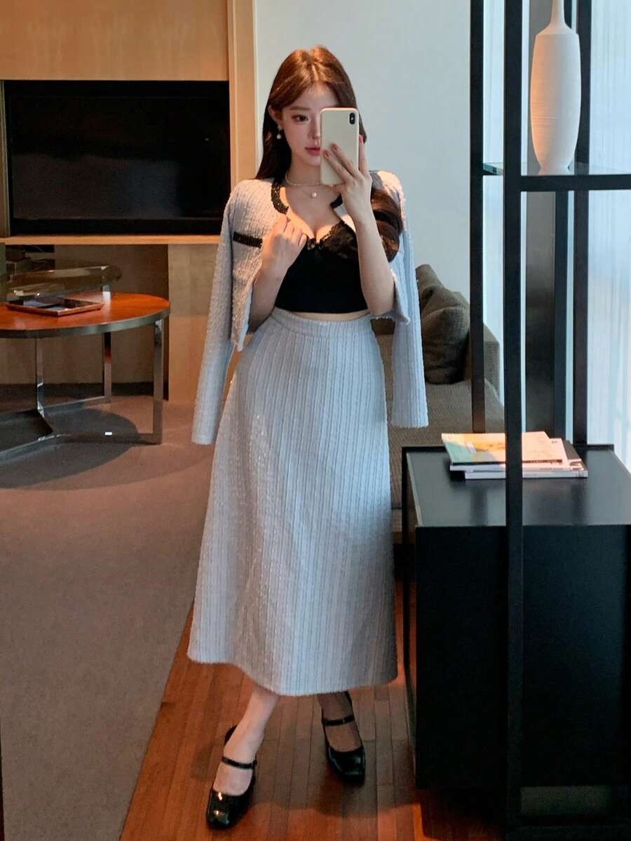 DAZY 春夏格子蓝色开衫短款上衣和A字裙套装，撞色设计，优雅百搭，适合情人节、婚礼、派对、正式场合，时尚修身，通勤两件套女装 - 藍色 - 查看 1
