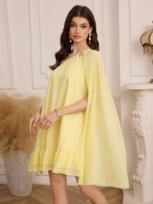 Modelyn Women's Solid Color Metal Decor Asymmetric Neckline Short Dress - Yellow - View 4