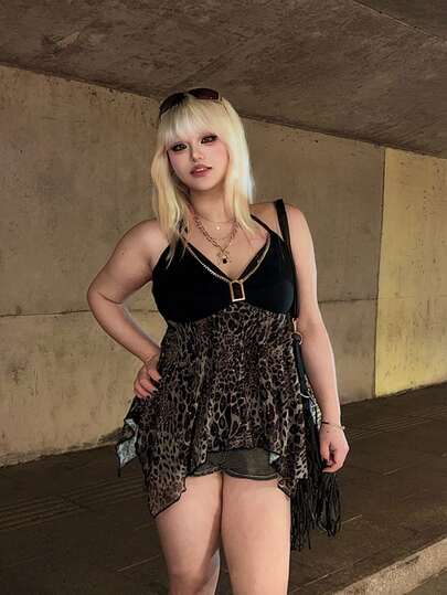 J-Fashion Canotta con catena e stampa leopardata in stile retrò Y2K, taglie comode