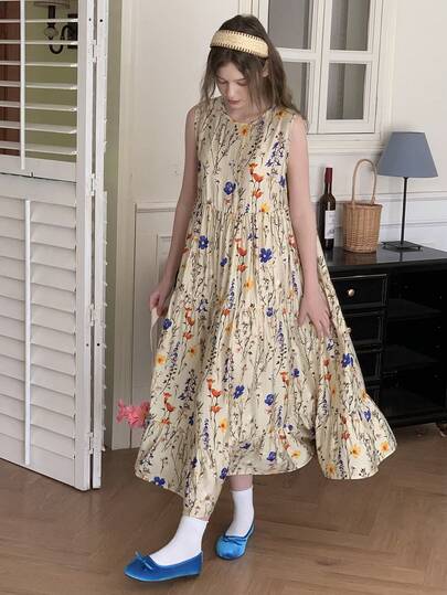 DAZY Teen Girl Floral Print Tiered Hem Sleeveless Loose Vacation Dress, Summer