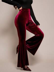 SHEIN PETITE Quần ống loe nữ cạp cao ôm dáng, thanh lịch, thời trang thường ngày, màu đỏ rượu vang, thích hợp cho mùa xuân hè, sân bay, trường học, công sở, mùa thu ấm áp, Giáng sinh, Năm mới, Lễ tình nhân. - Màu Đỏ Sâu - Xem 5