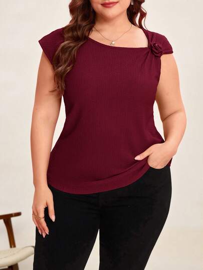 Reflora Blusa casual sencilla de talla grande con aplicaciones florales 3D en unicolor, para uso diario en San Valentín