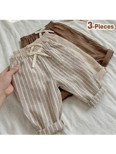Loomiva 3pcs Baby Boys/Girls Elastic Waist Pants Set With Decorative Ribbon, Versatile & Comfortable For Outings, Street Style, Home, Party