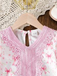 女婴编织花卉蕾丝边V领长袖连衣裙，蝴蝶结设计，粉色 - 粉色 - 查看 6