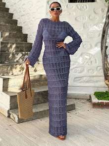 EURMUSE Women's V-Neck Crochet Jacquard Long Coverup Dress, Suitable For Vacation - Navy Blue - View 5