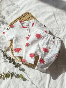 Vintaside Kids Bộ 2 món cho bé sơ sinh, họa tiết dưa hấu và trái cây dễ thương, phong cách đồng quê, chất liệu vải crepe hai lớp mềm mại, thoải mái cho mùa xuân/hè. - trắng - Xem 4