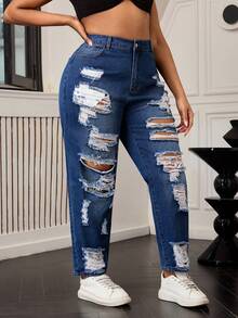 SHEIN SXY Plus Size Distressed Loose Mom Jeans - Dark Wash - View 4