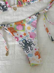 SHEIN Swim Women's Random Print Shell Decor Halter Bikini Set, Spring/Summer - Multicolor - View 7