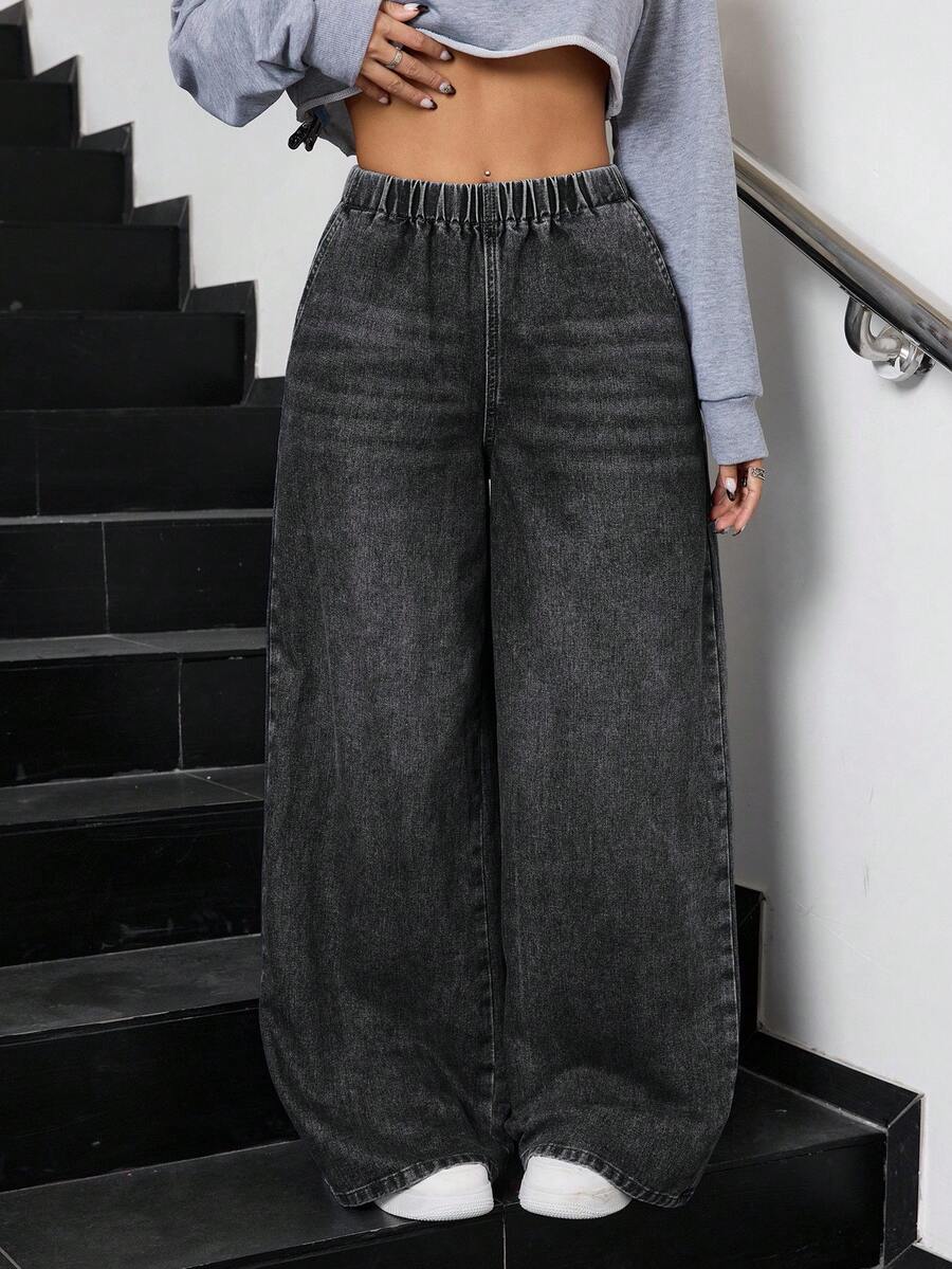SHEIN Teen GirlLoose Straight Leg Blue Jeans - Dark Grey - View 1