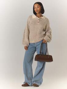 MUSERA 双色马海毛针织领超大纽扣细节套头衫，酷女孩、街头风、可爱风，适合秋冬季 - 棕色 - 查看 2