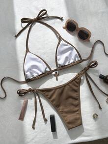 SHEIN Swim Women's Solid Color Simple Halter Neck Swimwear Set - Brown - View 2
