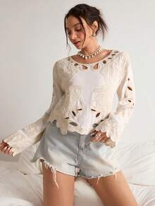 Freevana كنزة صوفية كروشيه مجوفة عتيقة بوهيمية، ملابس علوية كاجوال فضفاضة للربيع، كنزة صوفية محبوكة متعددة الاستخدامات للربيع - لون مشمشي - مشاهدة 4