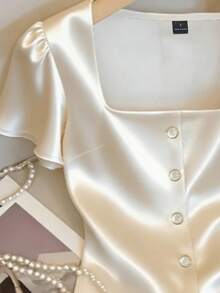 GlowEve Women's Solid Color Short Sleeve Ruffle Trim Square Neck Poplin Blouse - Apricot - View 3