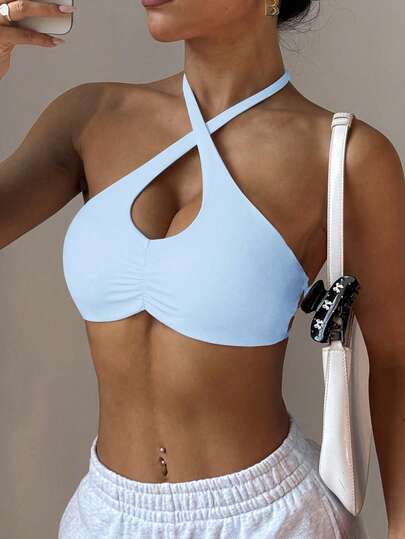 Dewbera Women's Sports Bra With Front Ruched Halter Neck, Removable Padded Criss-Cross Straps, Suitable For Daily Casual Wear, Tennis, Yoga, Gym And More